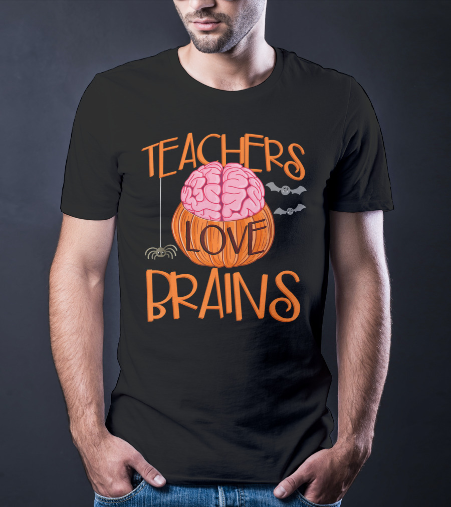 Teachers Love Brains Halloween Pumpkin Bat Spider T-Shirt