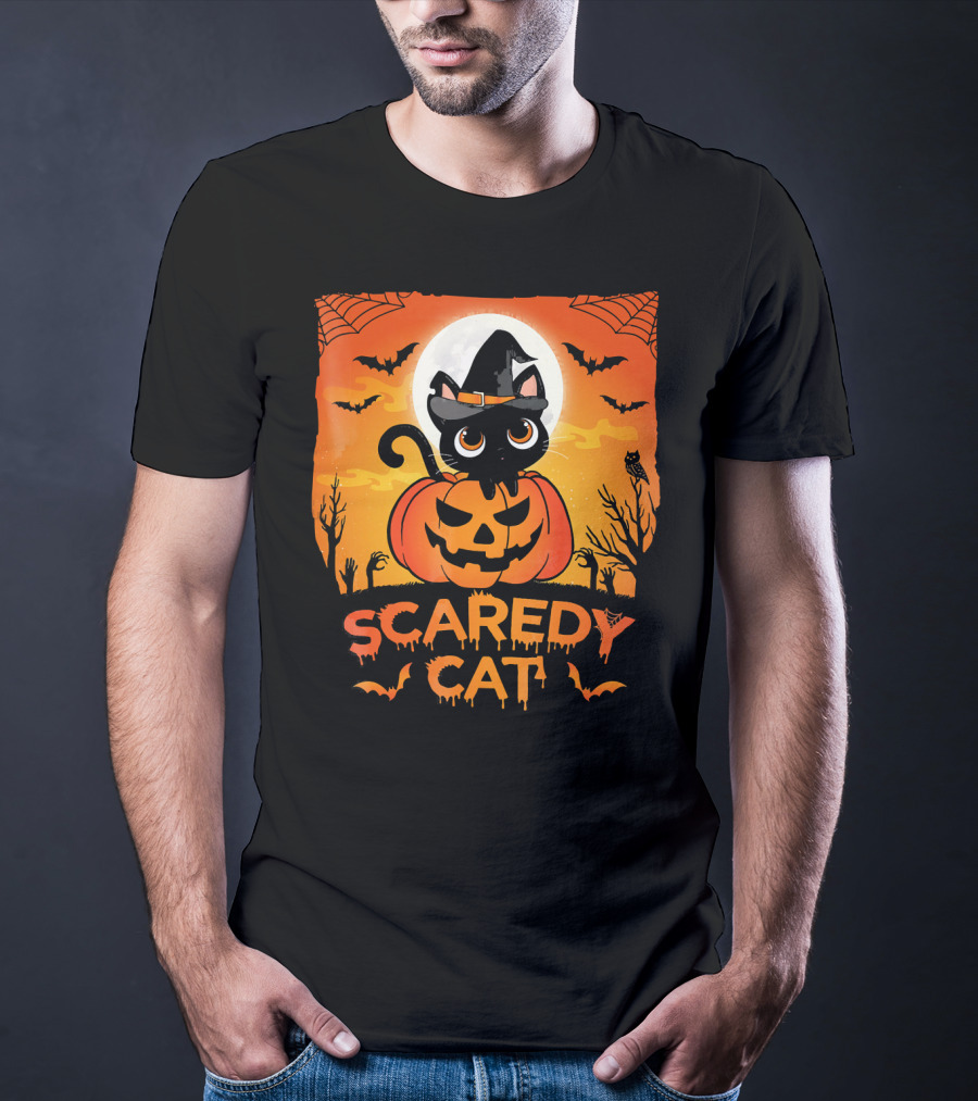 Scaredy Cat Halloween Kitten On Pumpkin With Witch Hat And Bats T-Shirt