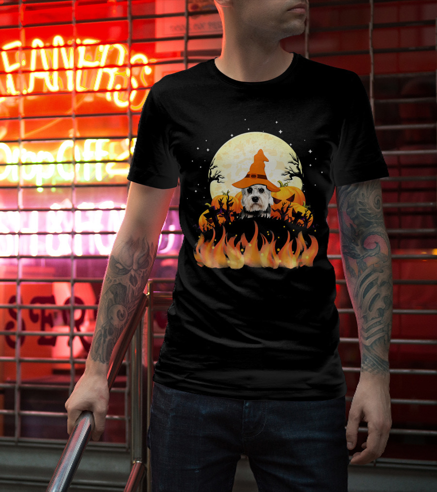 Halloween Dandie Dinmont Terrier Witch Dog Lovers Moon And Pumpkin Scene T-Shirt