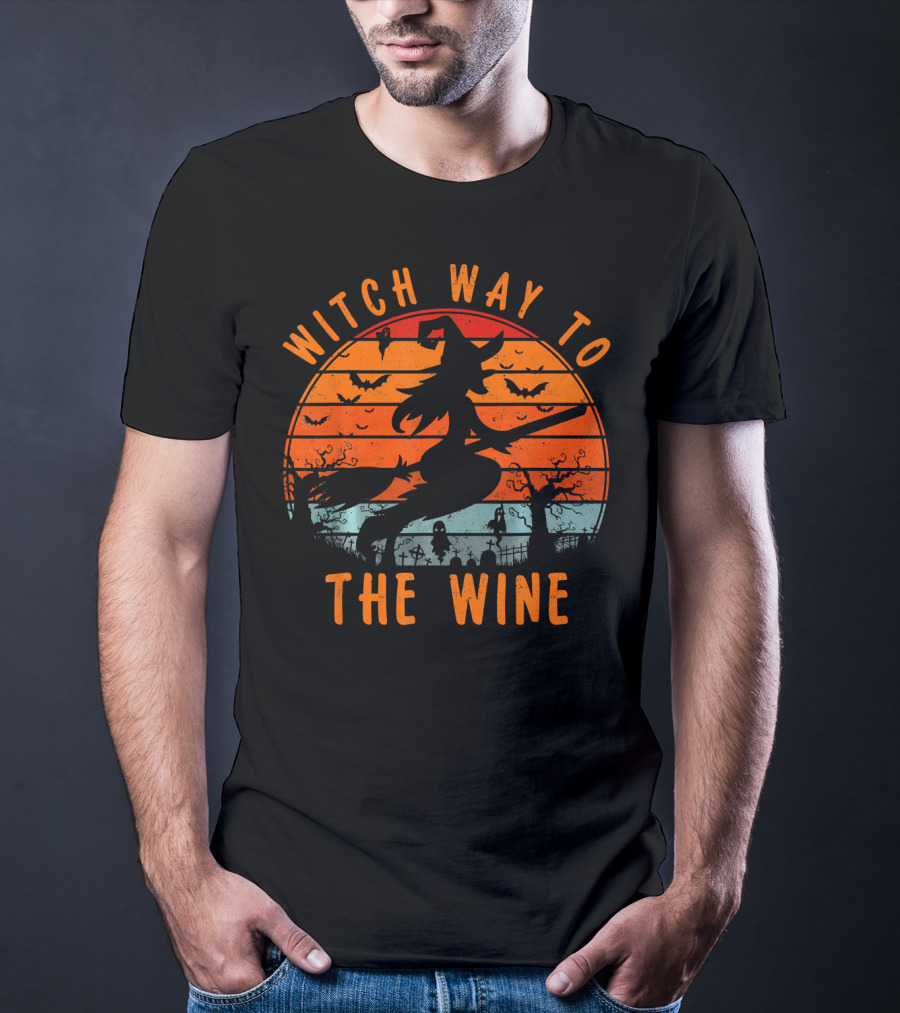 Witch Way To The Wine Halloween Spooky Bats Sunset T-Shirt