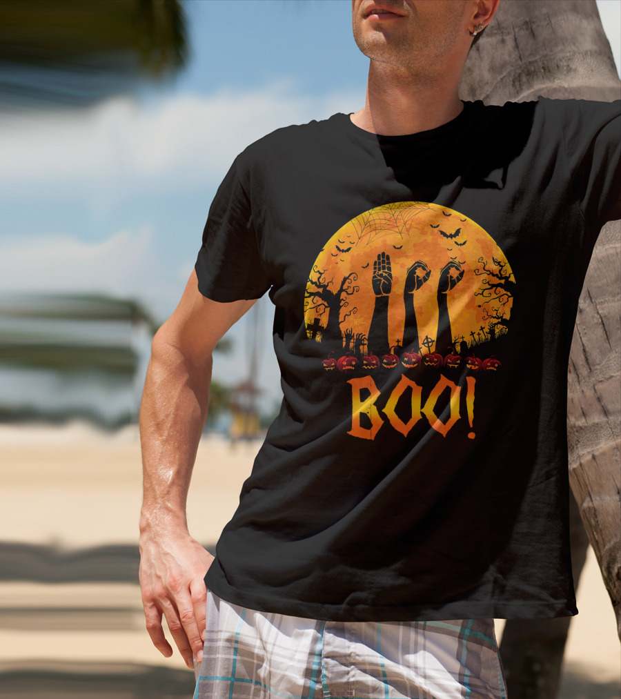 BOO ASL Sign Language With Zombie Hands And Spooky Halloween Moon T-Shirt