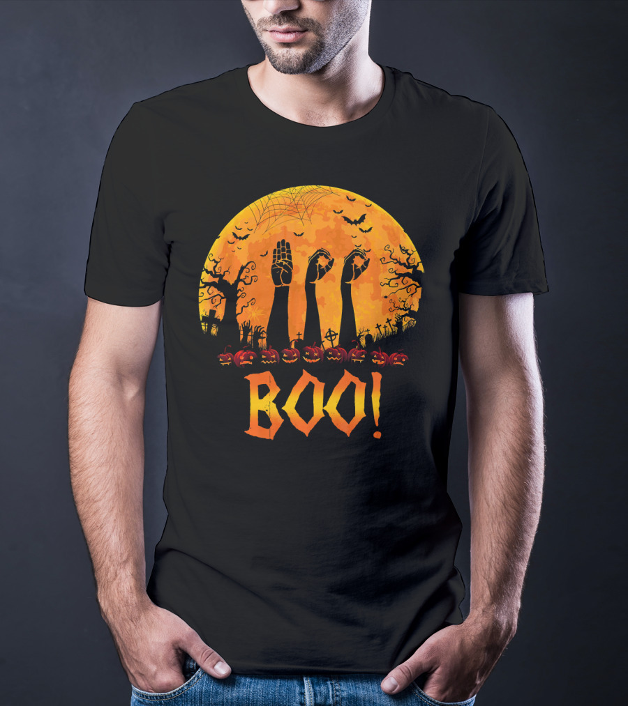 BOO ASL Sign Language With Zombie Hands And Spooky Halloween Moon T-Shirt