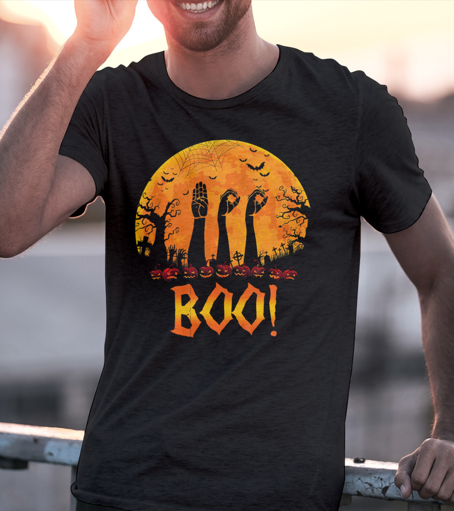 BOO ASL Sign Language With Zombie Hands And Spooky Halloween Moon T-Shirt
