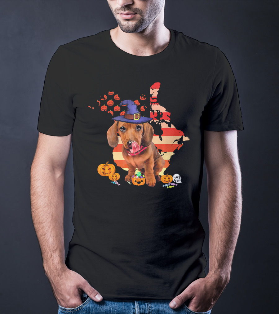 Halloween Witch Hat Daschund Dog With Pumpkin And Candy Canada Map T-Shirt