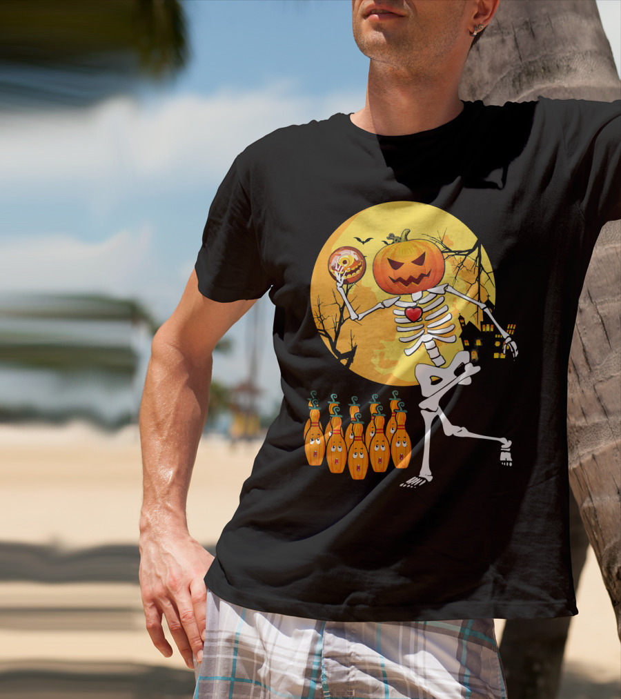 Funny Pumpkin-Headed Bowling Skeleton Halloween Dance T-Shirt