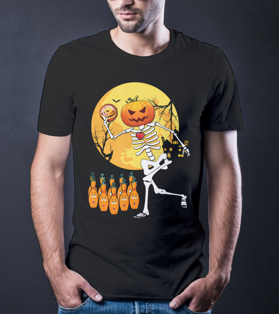 Funny Pumpkin-Headed Bowling Skeleton Halloween Dance T-Shirt