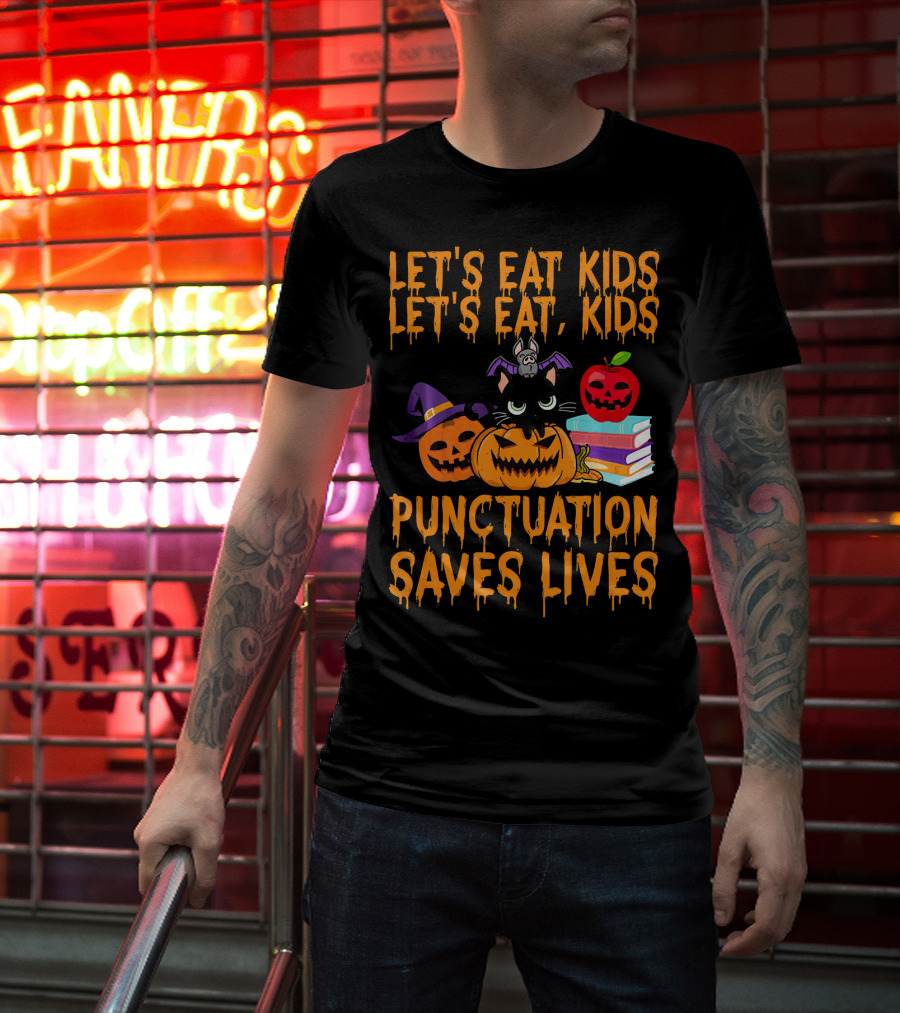 Let's Eat Kids Let's Eat Kids Punctuation Saves Lives Halloween Cats Pumpkins Books T-Shirt