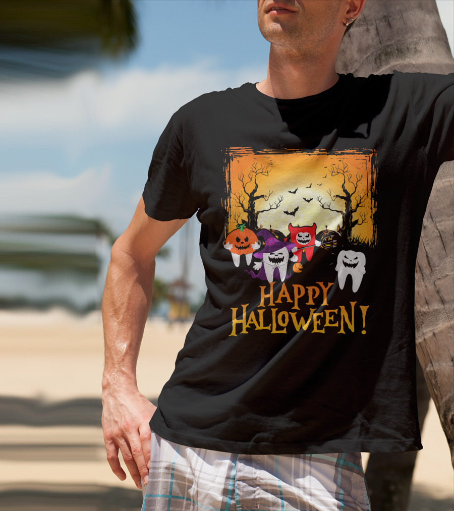 Happy Halloween Funny Teeth And Pumpkins T-Shirt