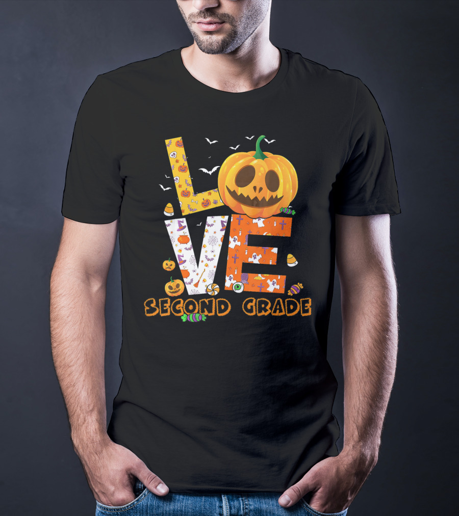 Love Second Grade Funny Halloween Pumpkin Kids T-Shirt