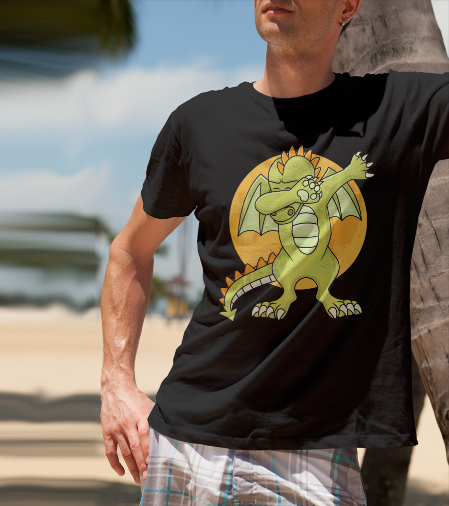 Halloween Dabbing Dragon With Orange Moon Background T-Shirt