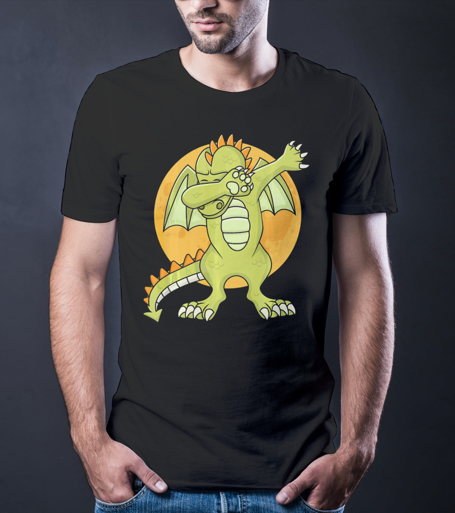 Halloween Dabbing Dragon With Orange Moon Background T-Shirt