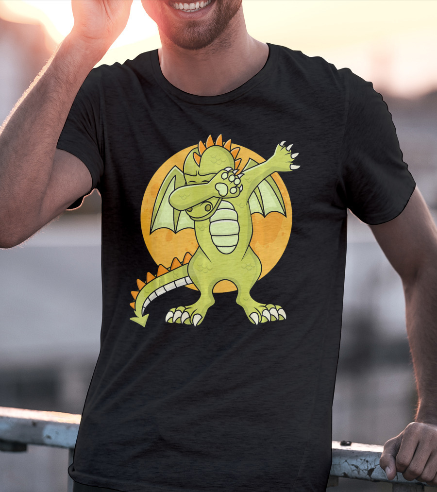 Halloween Dabbing Dragon With Orange Moon Background T-Shirt