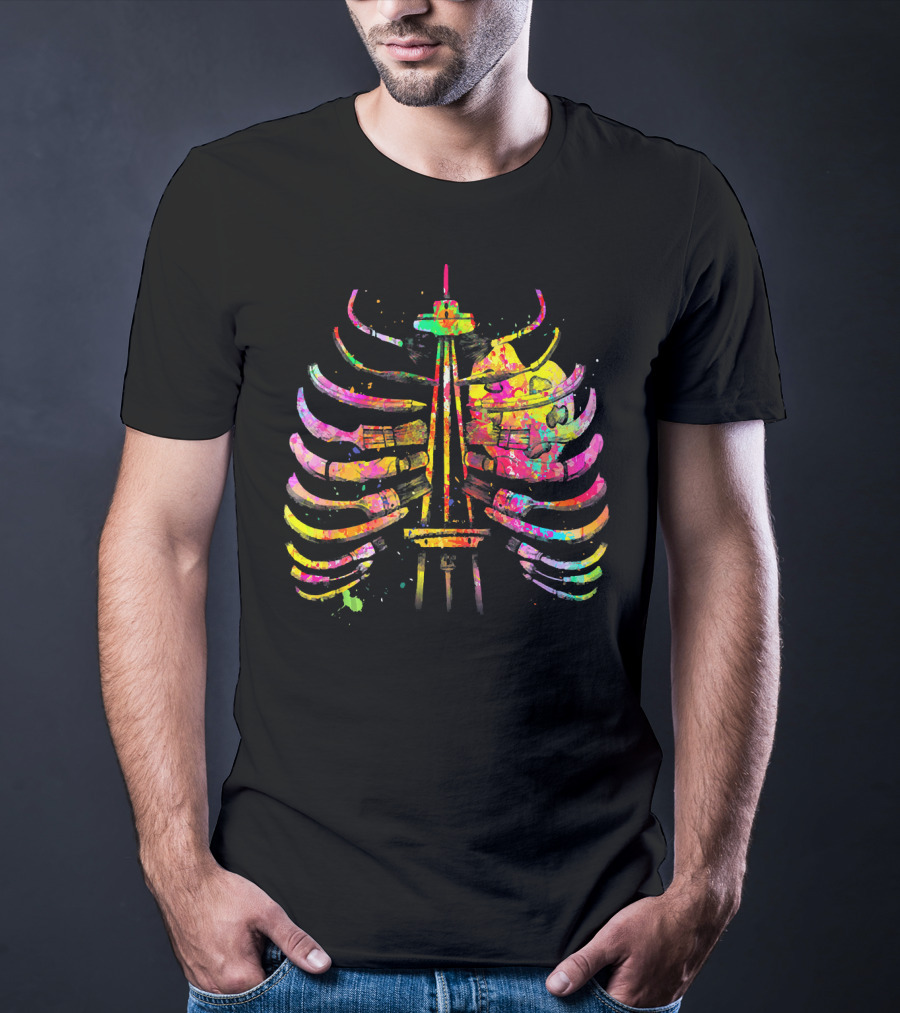 Colorful Seattle Space Needle Skeleton Ribcage Halloween T-Shirt