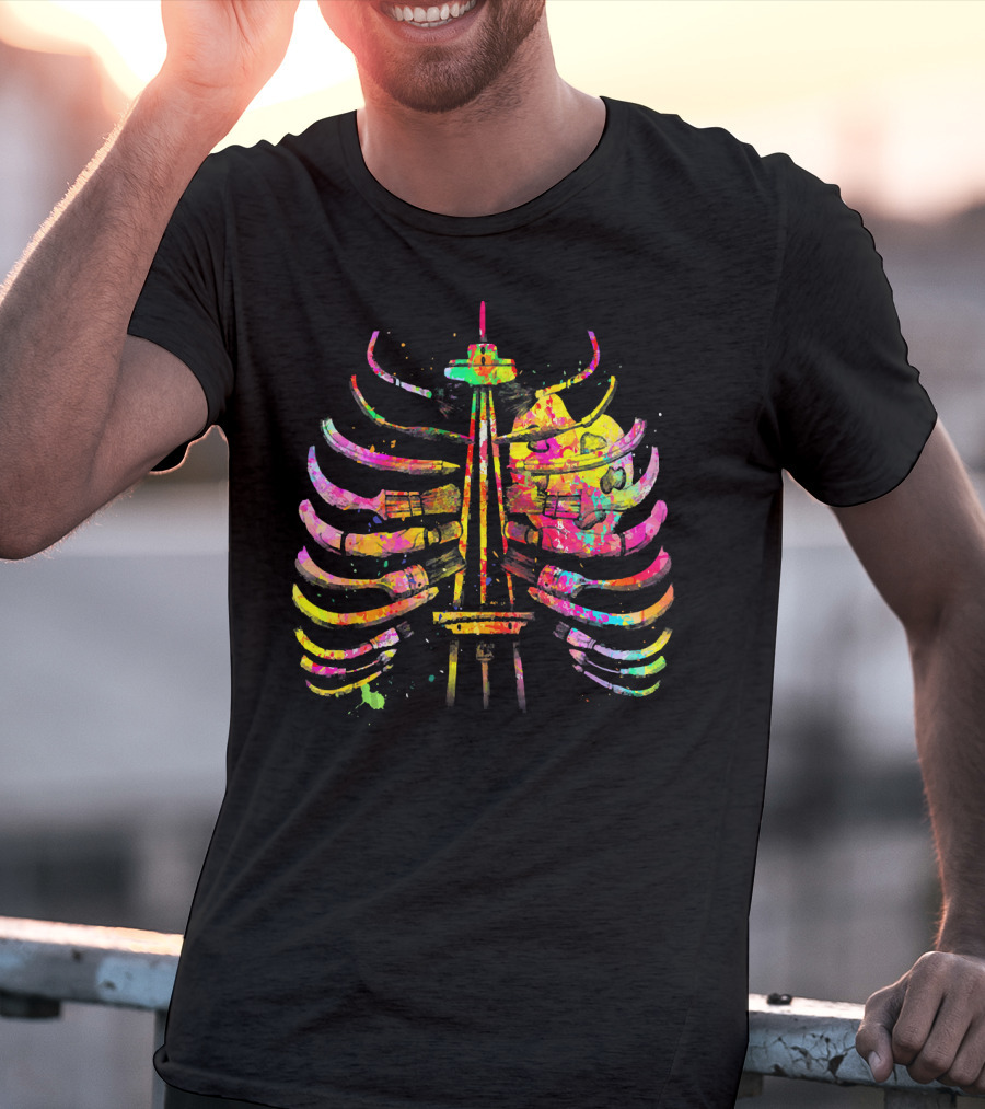 Colorful Seattle Space Needle Skeleton Ribcage Halloween T-Shirt