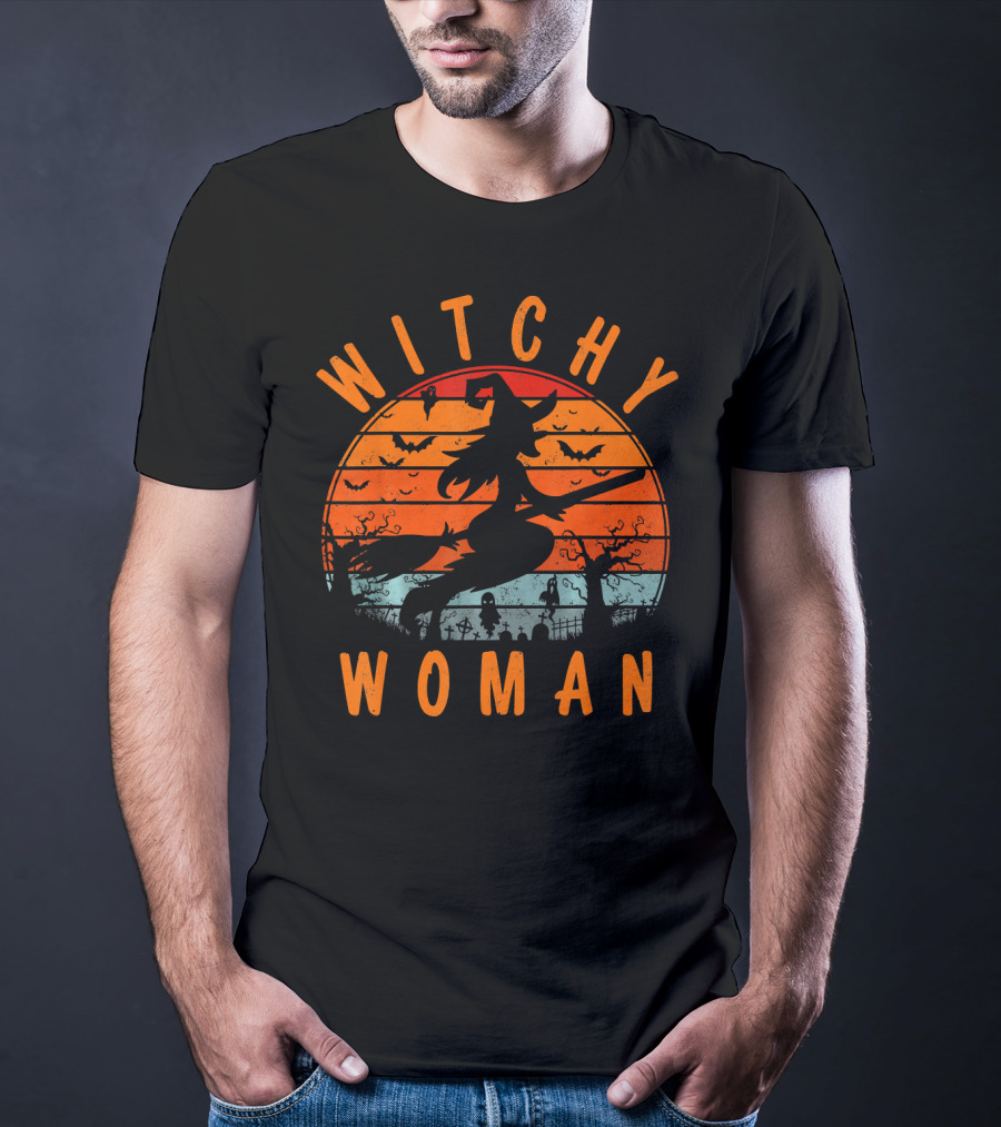 Witchy Woman Flying On Broomstick With Spooky Halloween Sunset Background T-Shirt