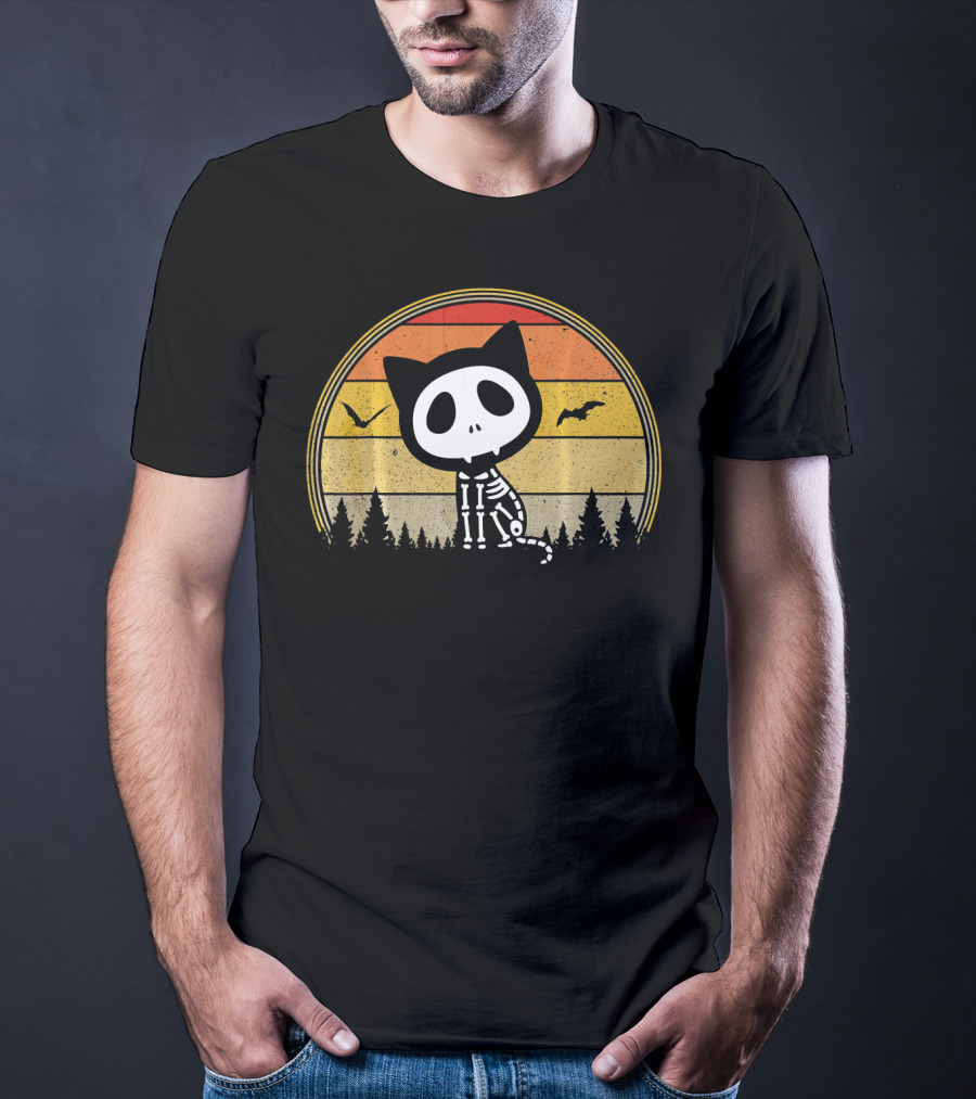 Cat Skeleton Spooky Vampire Halloween Vintage Sunset Forest Bats T-Shirt
