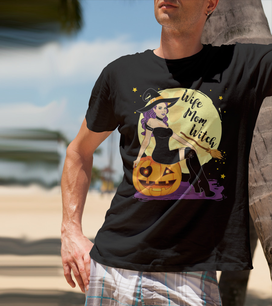 Wife Mom Witch Halloween Women Bro Pumpkin Moon Broomstick T-Shirt