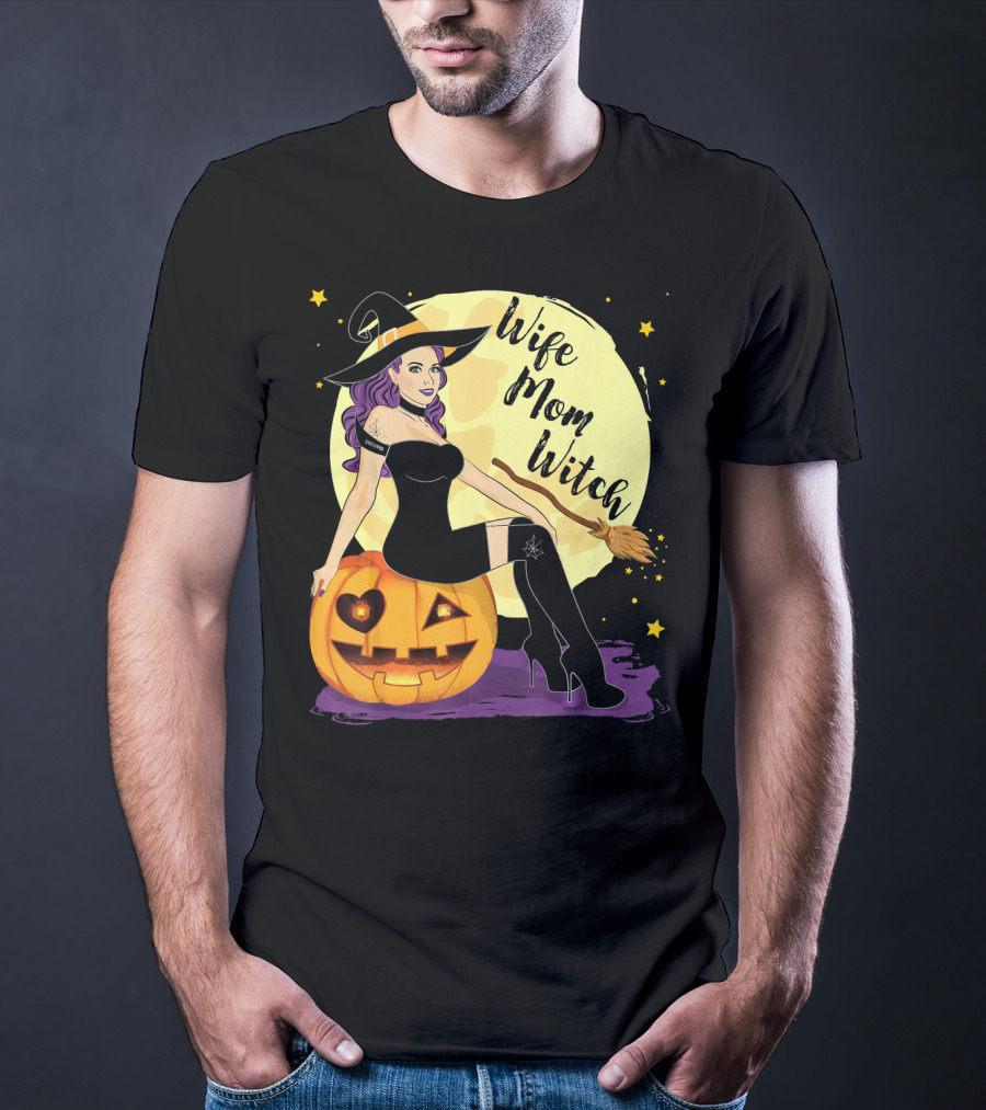 Wife Mom Witch Halloween Women Bro Pumpkin Moon Broomstick T-Shirt