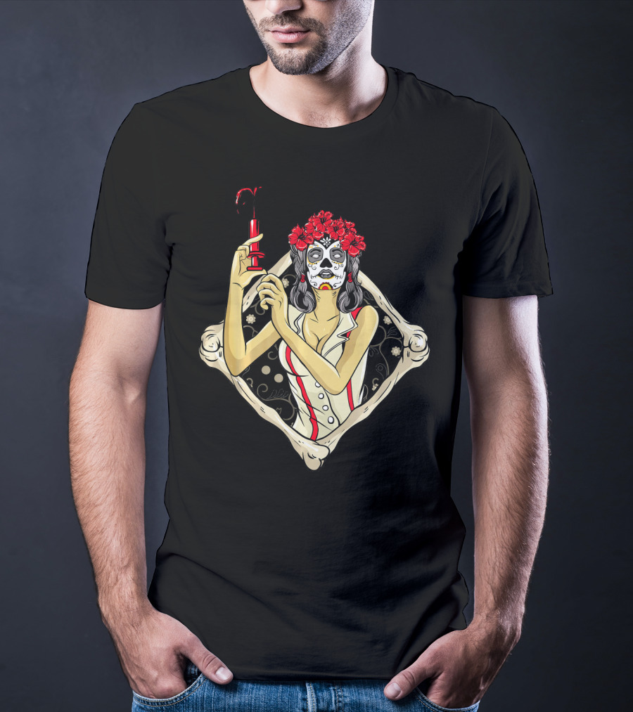 Halloween Nurse Day Of The Dead Dia De Los Muertos Skeleton Syringe Flower Crown T-Shirt