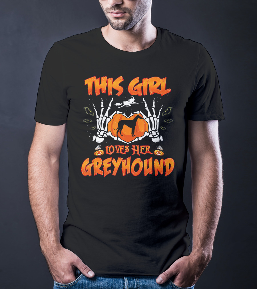 This Girl Loves Her Greyhound Skeleton Halloween Pumpkin T-Shirt