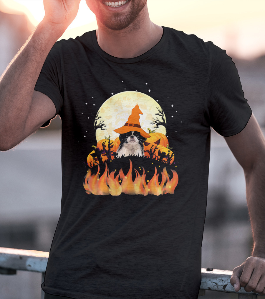 Japanese Chin Dog Lovers Halloween Pumpkin Witch Hat Full Moon Fire Magic T-Shirt