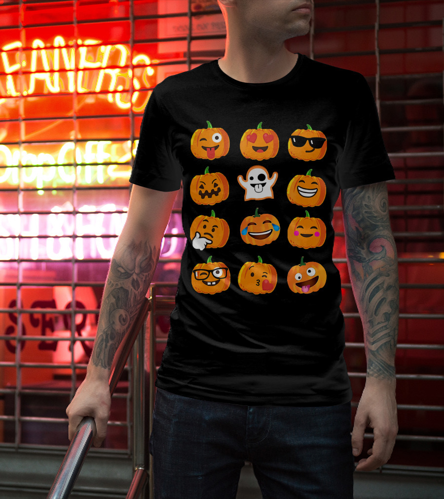 Emoji Faces Pumpkins And Ghost Halloween T-Shirt