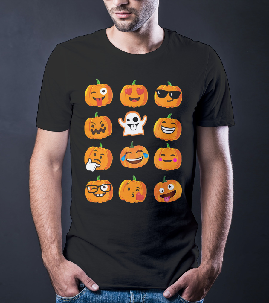 Emoji Faces Pumpkins And Ghost Halloween T-Shirt