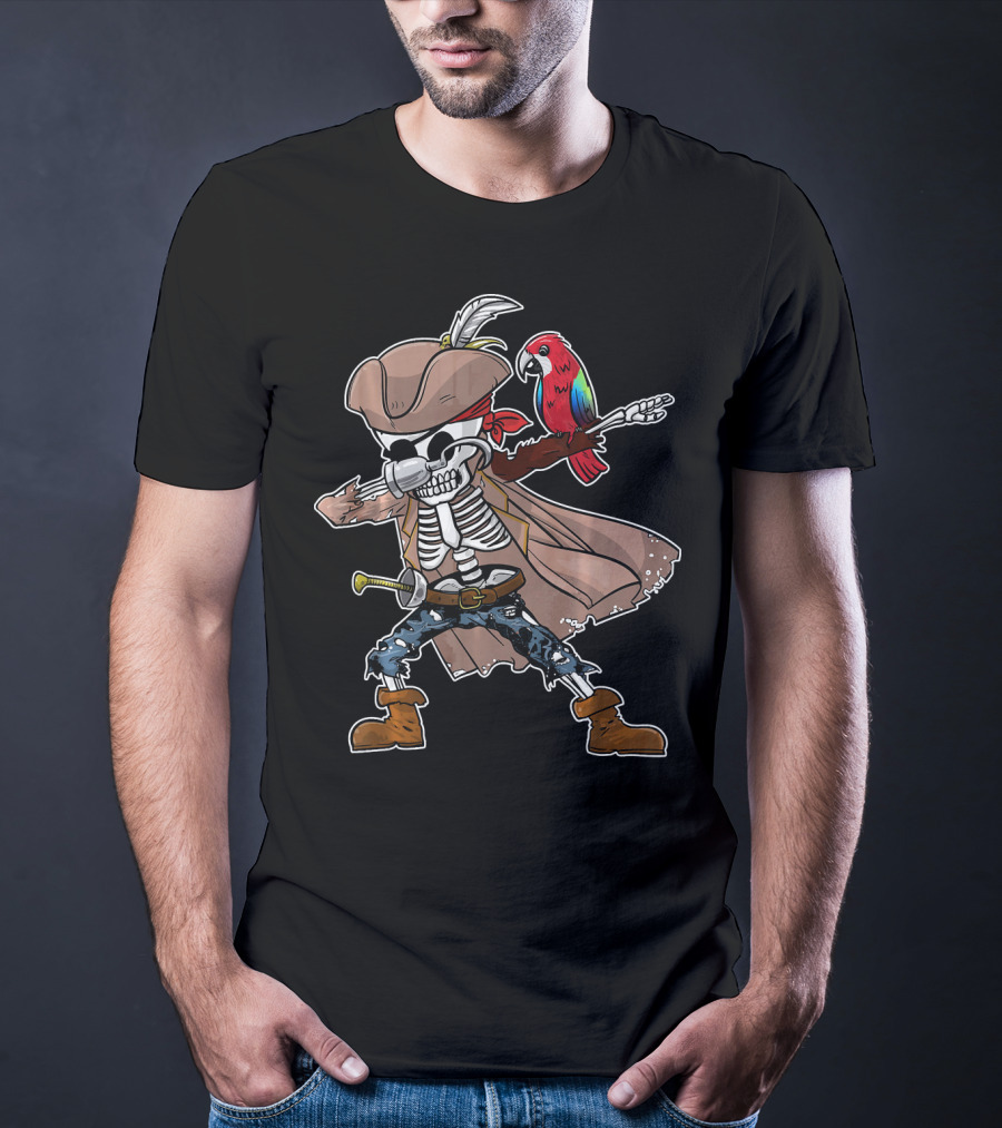 Skeleton Pirate Dabbing With Parrot And Sword T-Shirt