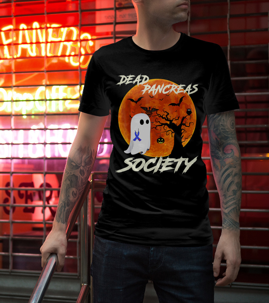 Dead Pancreas Society Ghost Halloween Moon Bats Pumpkin T-Shirt