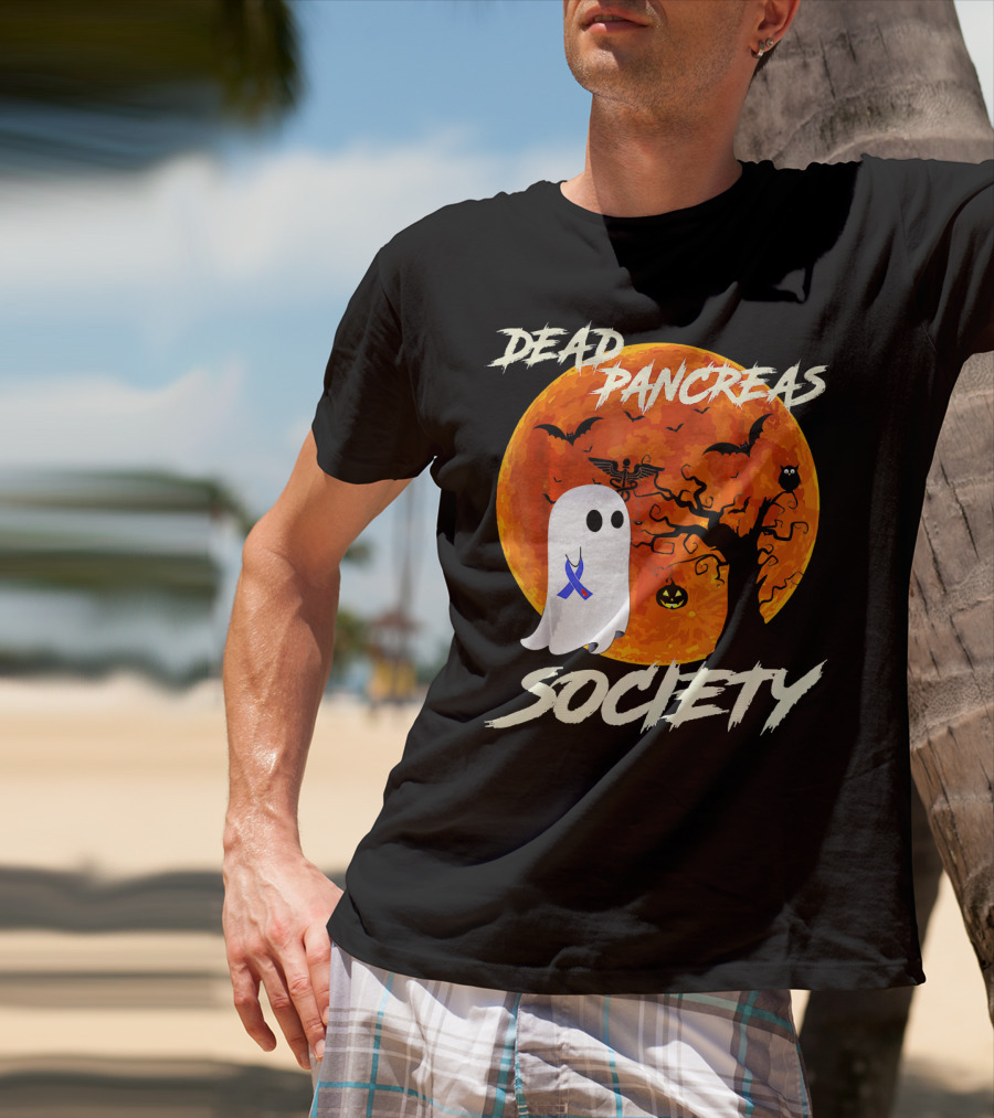 Dead Pancreas Society Ghost Halloween Moon Bats Pumpkin T-Shirt