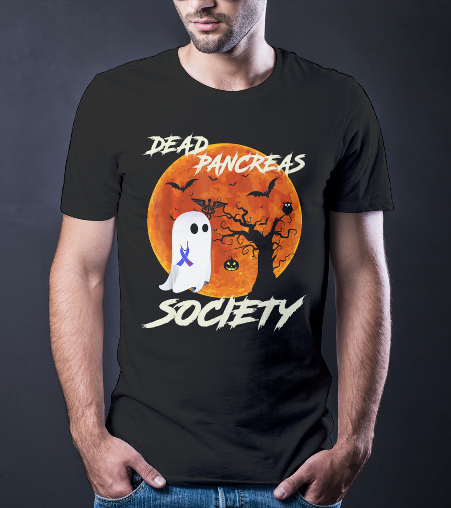 Dead Pancreas Society Ghost Halloween Moon Bats Pumpkin T-Shirt