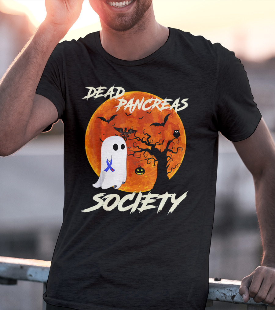Dead Pancreas Society Ghost Halloween Moon Bats Pumpkin T-Shirt