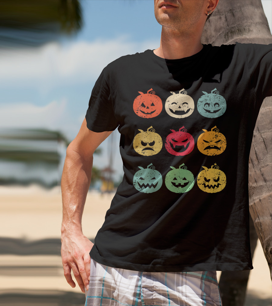 Vintage Pumpkin Emoji Halloween Faces In Nine Colorful Expressions T-Shirt