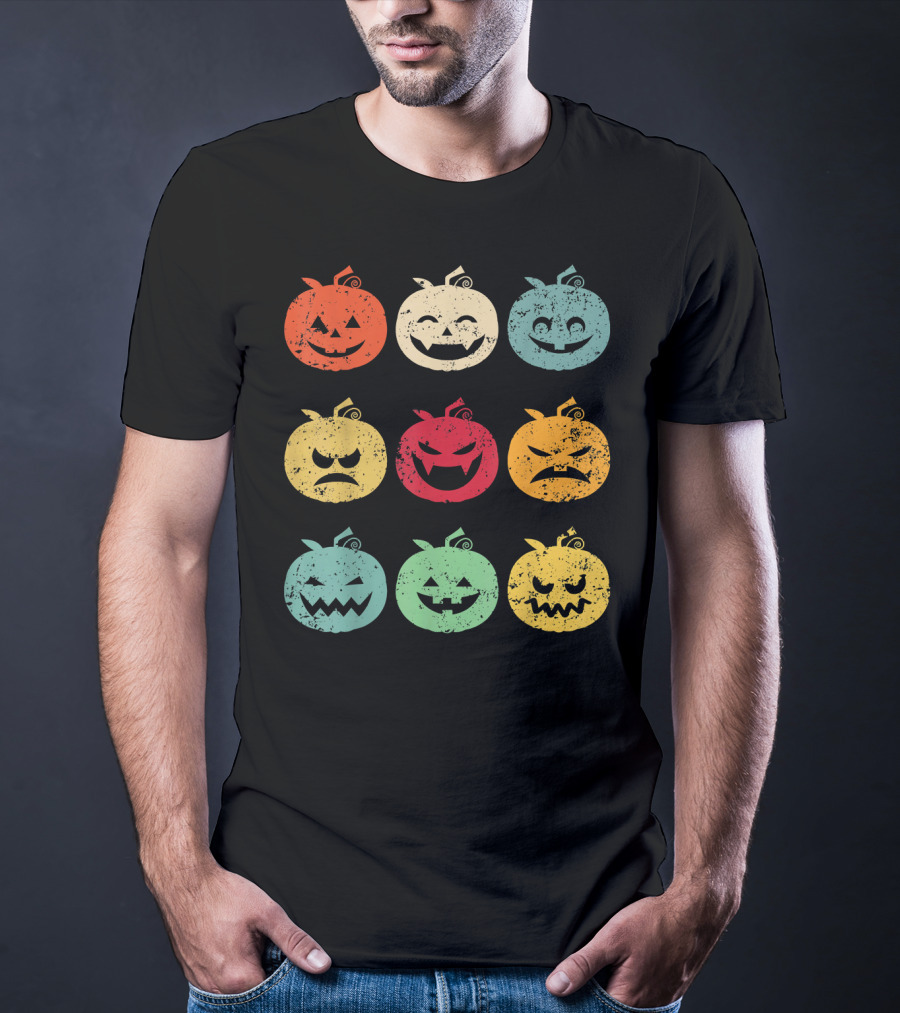 Vintage Pumpkin Emoji Halloween Faces In Nine Colorful Expressions T-Shirt