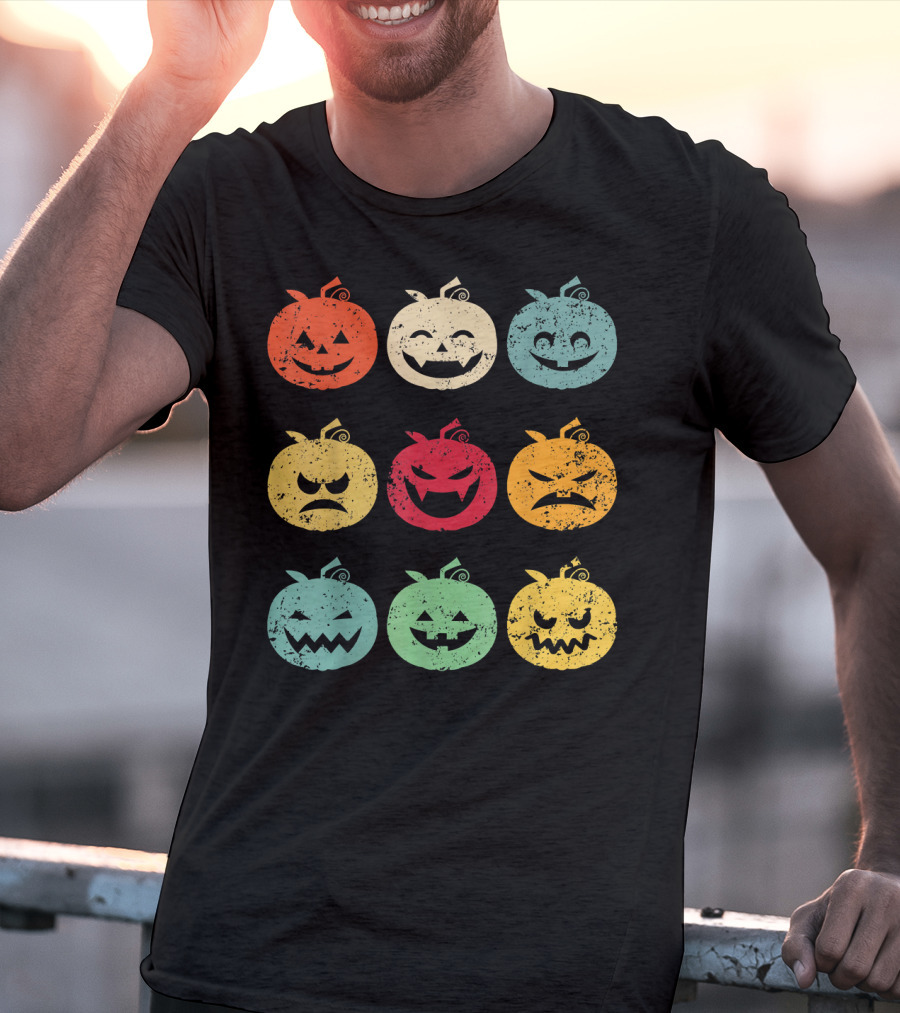 Vintage Pumpkin Emoji Halloween Faces In Nine Colorful Expressions T-Shirt