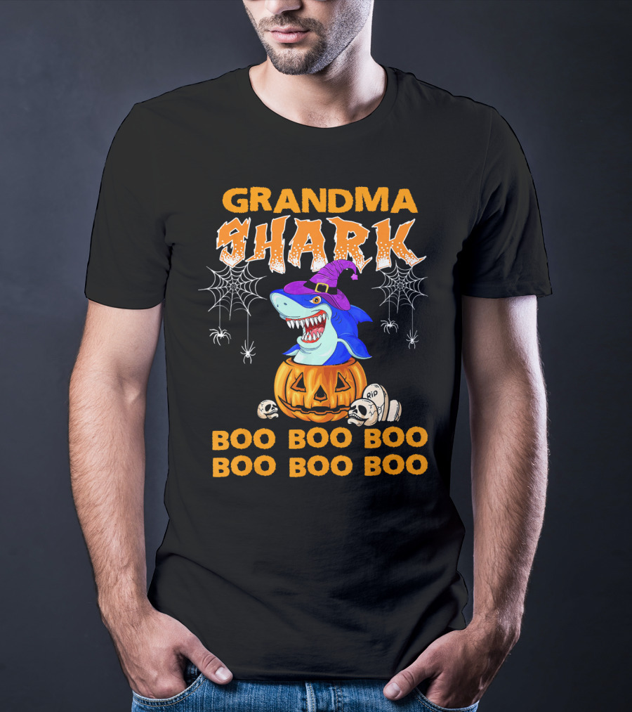 Grandma Shark Halloween Boo Boo Pumpkin Spider Webs T-Shirt