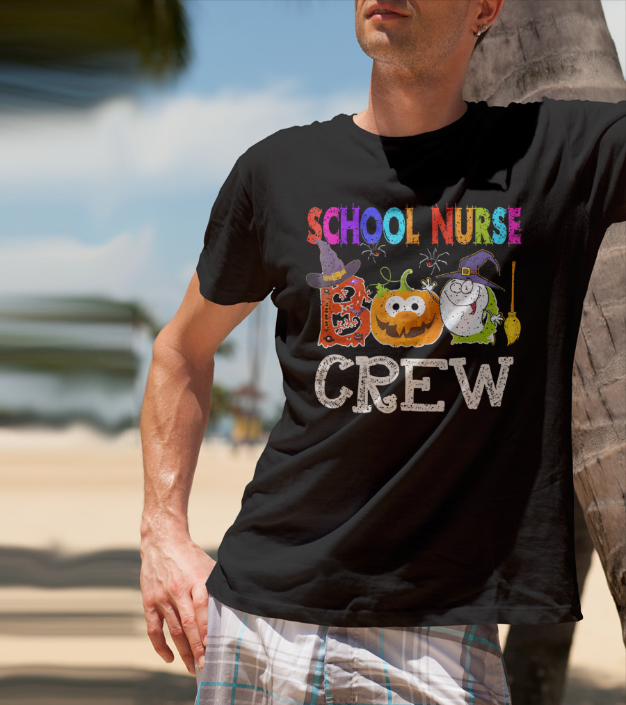 School Nurse Boo Crew Halloween Pumpkin Ghost Witches Hat Broom T-Shirt