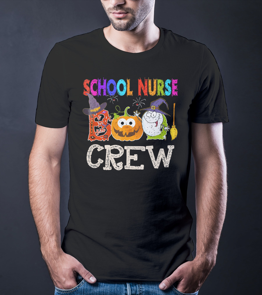 School Nurse Boo Crew Halloween Pumpkin Ghost Witches Hat Broom T-Shirt