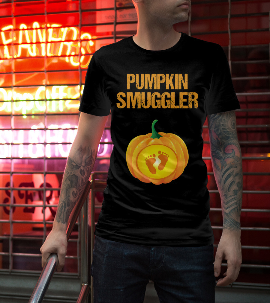Pumpkin Smuggler Pregnancy Announcement With Baby Footprints T-Shirt