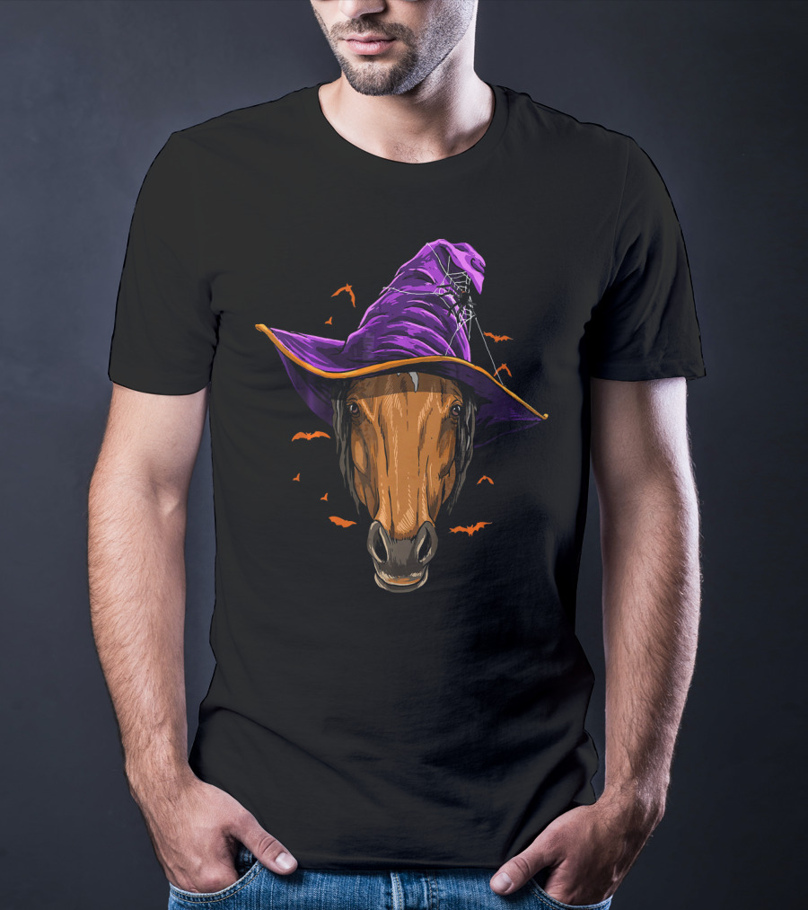 Horse With Purple Witch Hat Surrounded By Bats And Spider Web T-Shirt