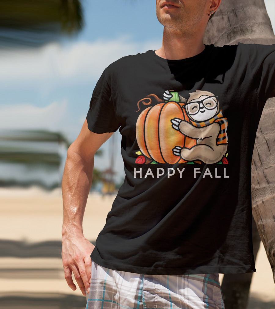 Happy Fall Cute Sloth Glasses Scarf Pumpkin Hug T-Shirt
