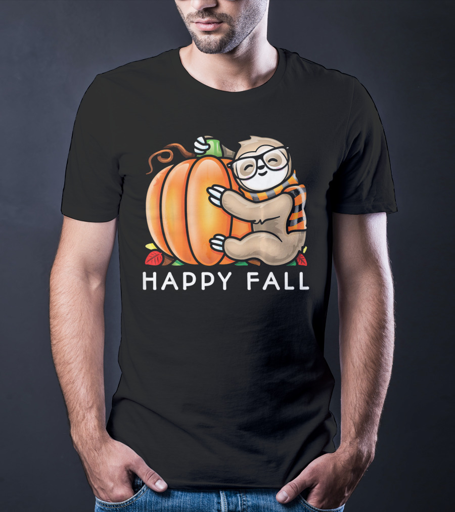 Happy Fall Cute Sloth Glasses Scarf Pumpkin Hug T-Shirt