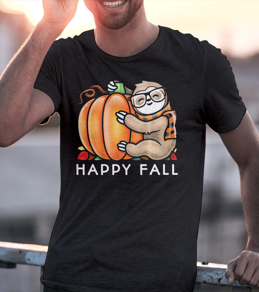 Happy Fall Cute Sloth Glasses Scarf Pumpkin Hug T-Shirt