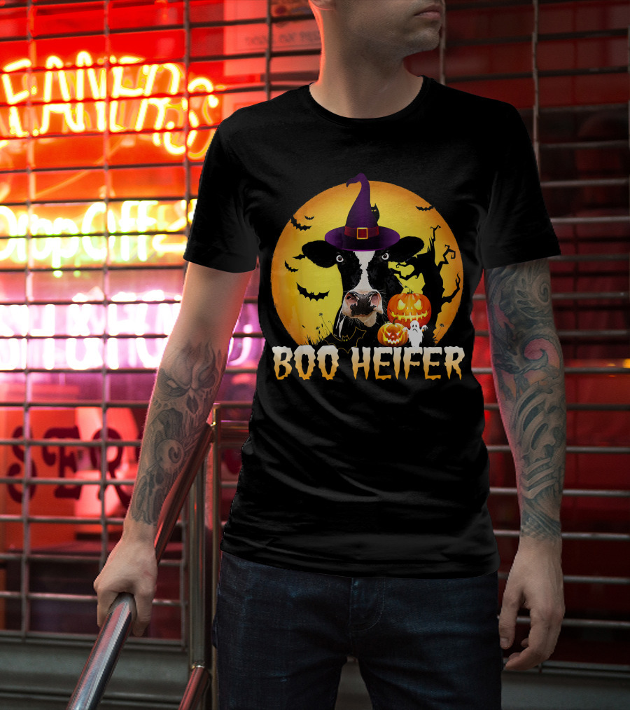 Boo Heifer Witch Hat Cow Halloween Moon Pumpkins Ghost T-Shirt