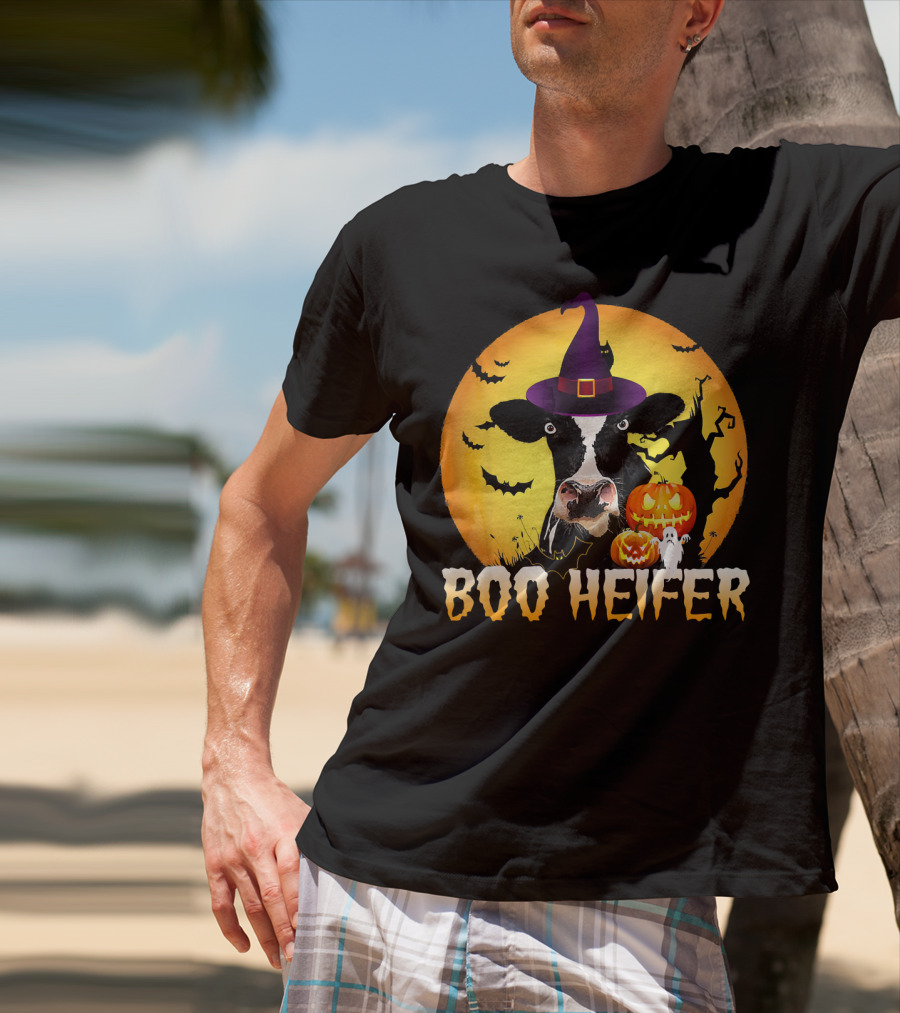 Boo Heifer Witch Hat Cow Halloween Moon Pumpkins Ghost T-Shirt