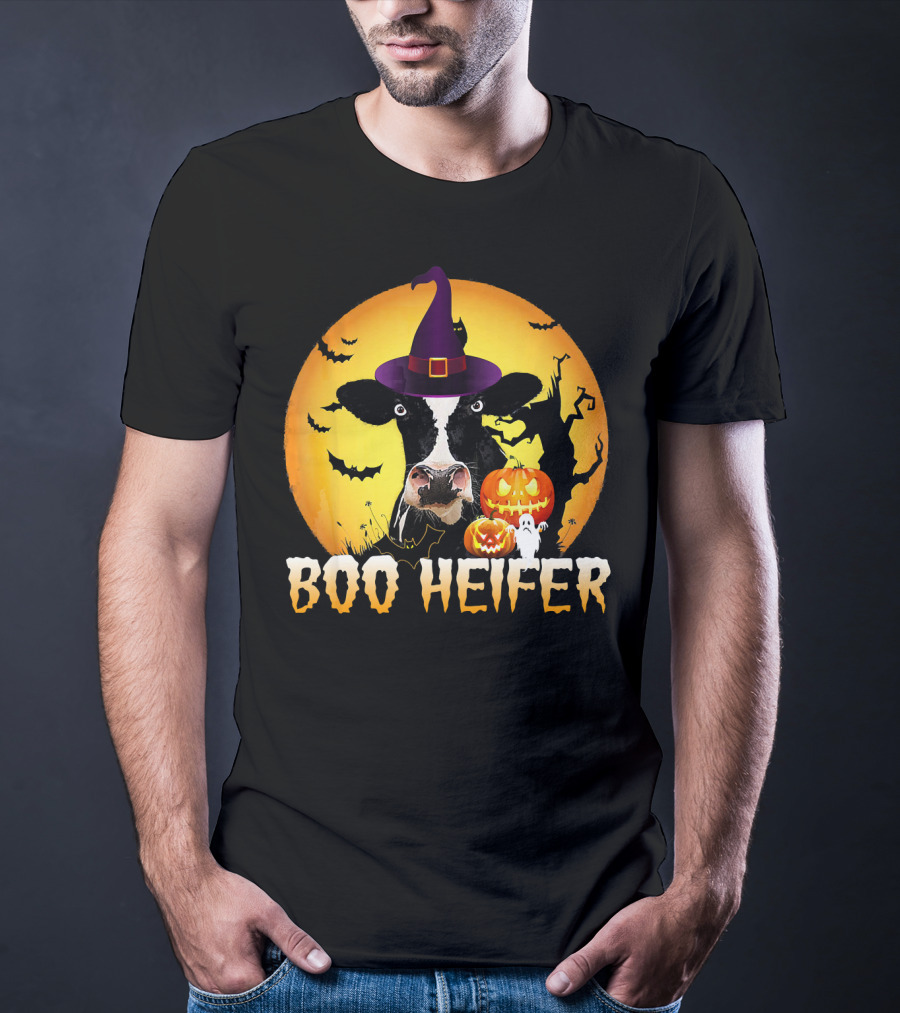 Boo Heifer Witch Hat Cow Halloween Moon Pumpkins Ghost T-Shirt