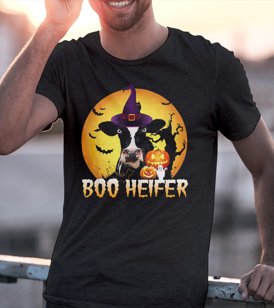 Boo Heifer Witch Hat Cow Halloween Moon Pumpkins Ghost T-Shirt