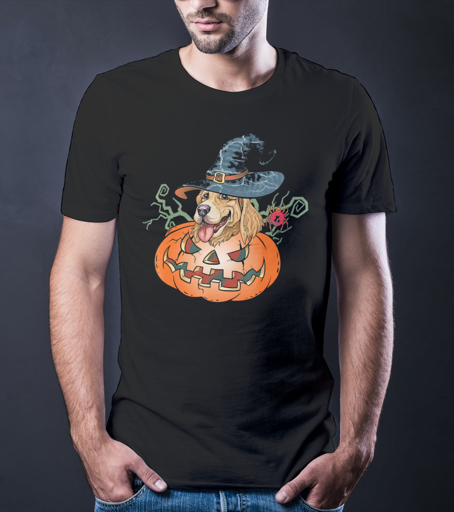 Halloween Golden Retriever Dog Lover Pumpkin Wizard Hat And Spider T-Shirt