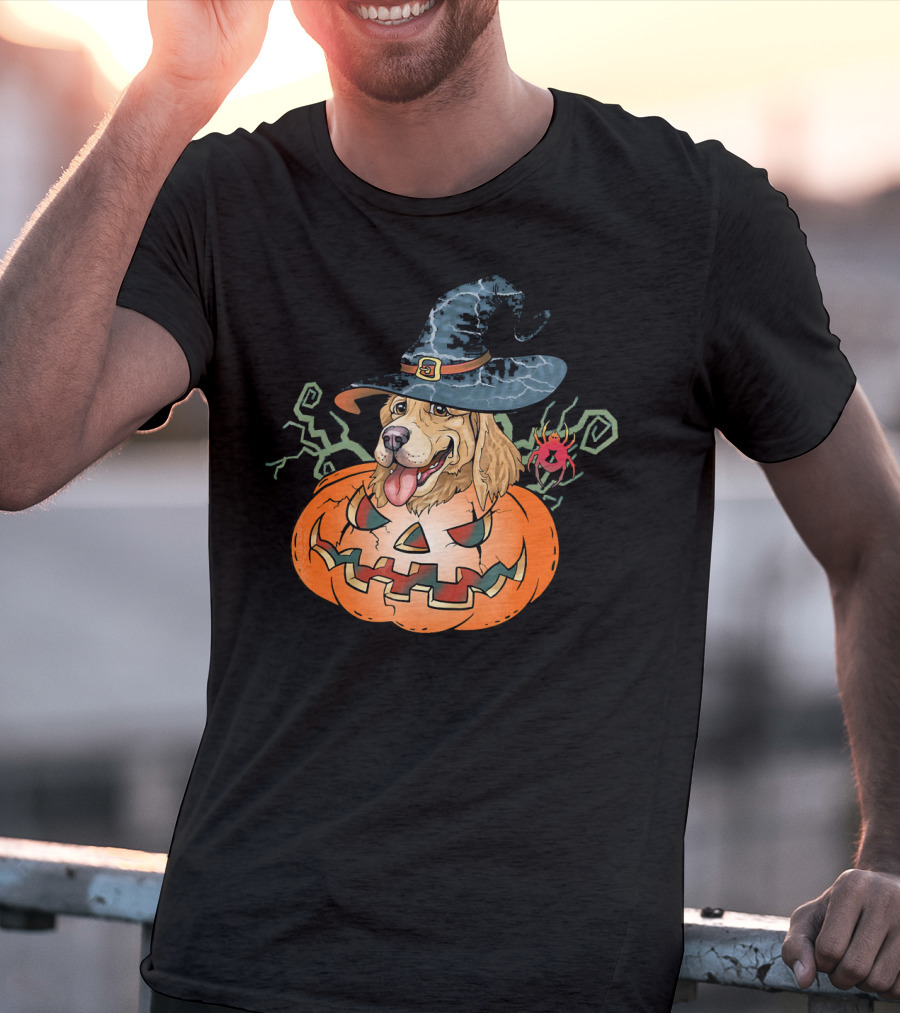 Halloween Golden Retriever Dog Lover Pumpkin Wizard Hat And Spider T-Shirt
