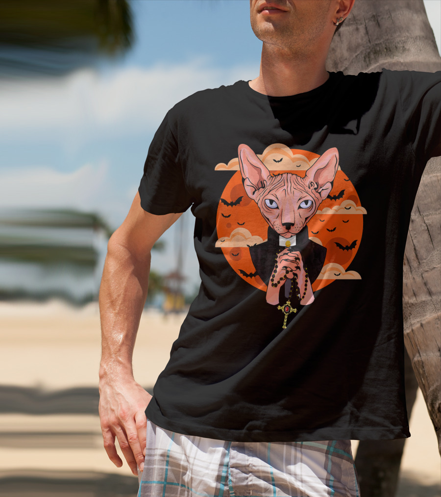 Funny Sphynx Priest With Rosary And Bats Hall T-Shirt